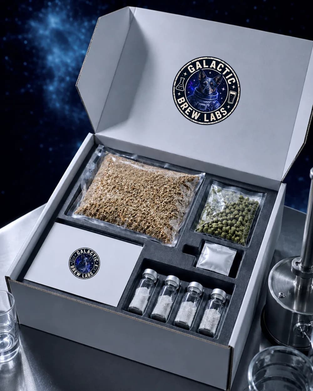 An open Galactic Brew Box with malt, hops, yeast and water chemistry, branded recipe card, set against a starfield backdrop